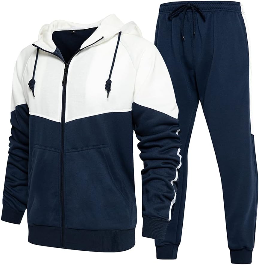 Men's Hooded Athletic Tracksuit Sweatsuit Long Sleeve Full-Zip Jogging Sweatpants 2 Piece Patchwork Sportsuits