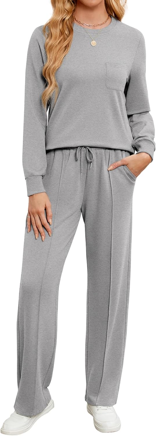 Women's 2 Piece Outfits Lounge Set, Long Sleeve Crewneck Sweatshirt Fall Drawstring Tracksuit Sweatsuit with Pockets