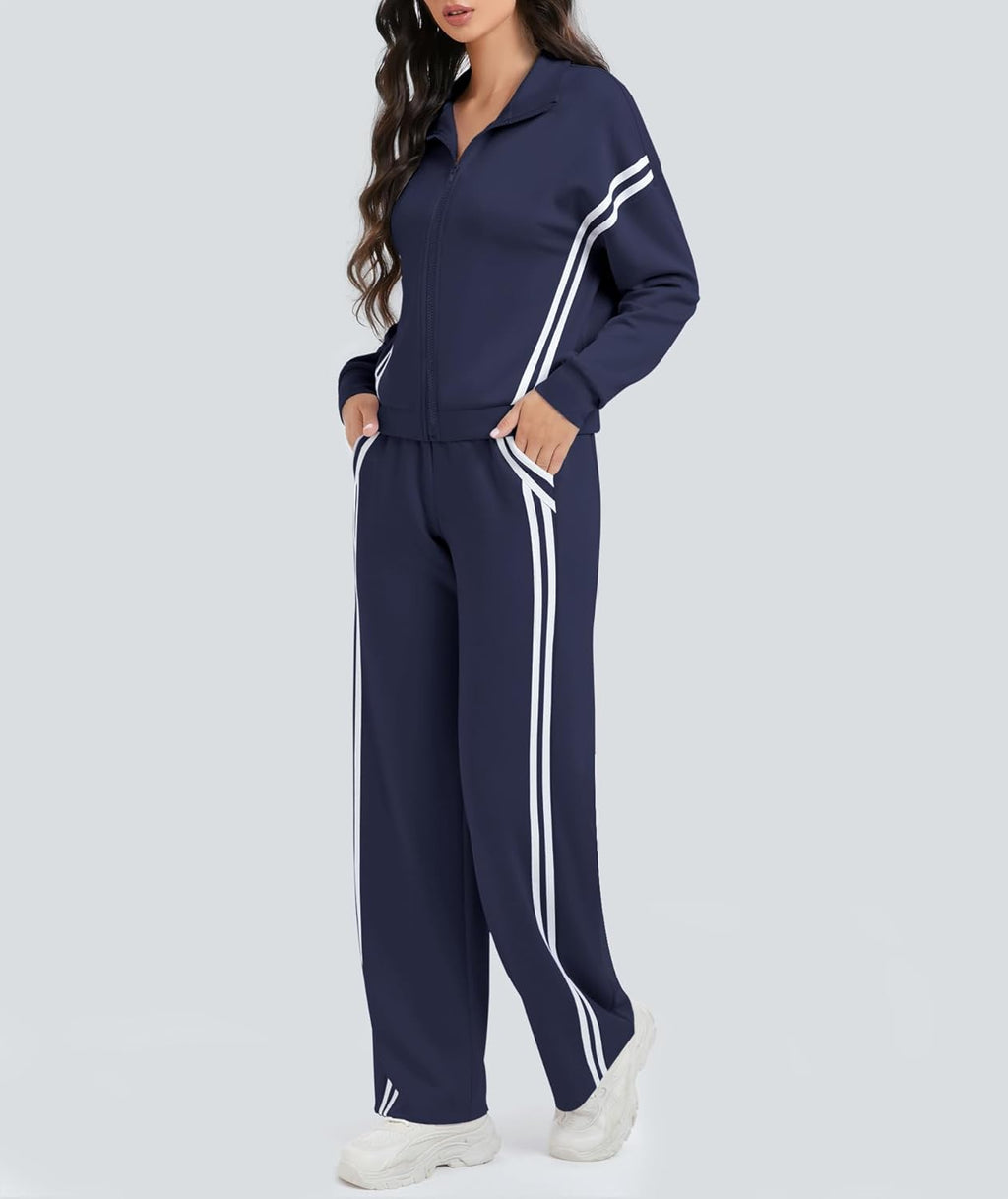 Women's 2 Piece Lounge Outfits Zip Up Sweat Set Contrast Striped Wide Leg Jogging Pants Travel Track Suit