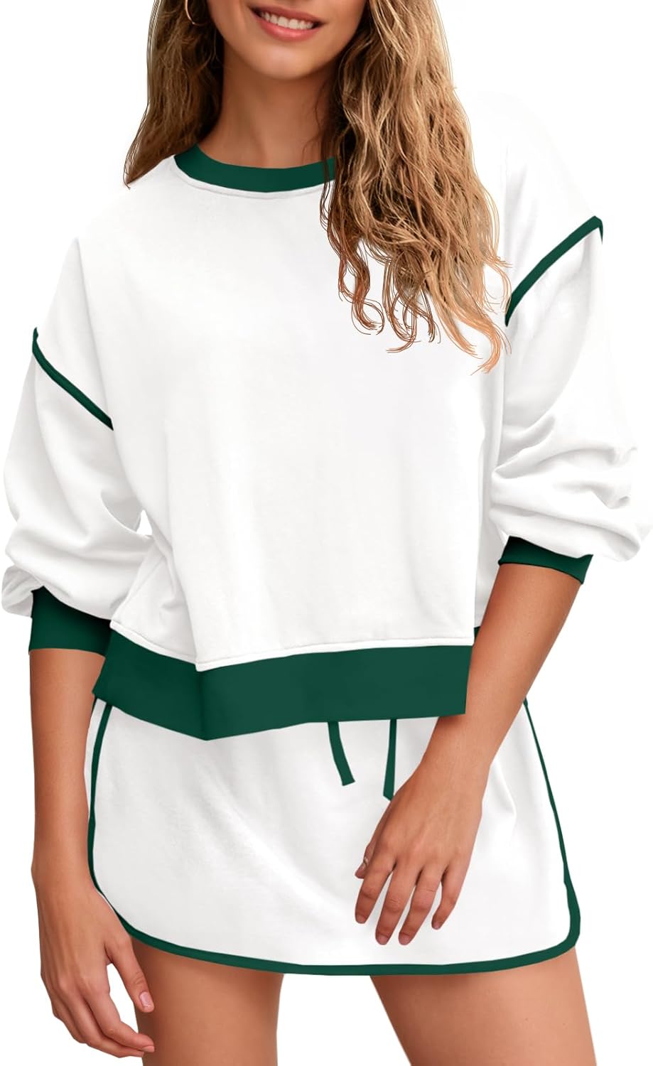 Womens Sweatsuits 2 Piece Set Crewneck Sweatshirts High Waisted Skort Skirts Tennis Running Tracksuits Shorts Sets