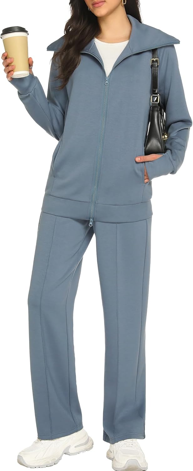 Lounge Sets for Women 2026 Fall Sweatsuit Long Sleeve Zip Up Travel Outfit Wide Leg Sweatpant Tracksuit