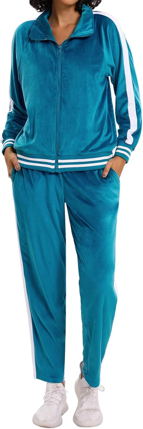 Women's Velour Tracksuit Zip-Up Jacket and Jogger Pants with Pockets Sweatsuit Loungewear Set 2 Piece Loose Fit