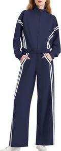 Women's 2 Piece Lounge Outfits Zip Up Sweat Set Contrast Striped Wide Leg Jogging Pants Travel Track Suit