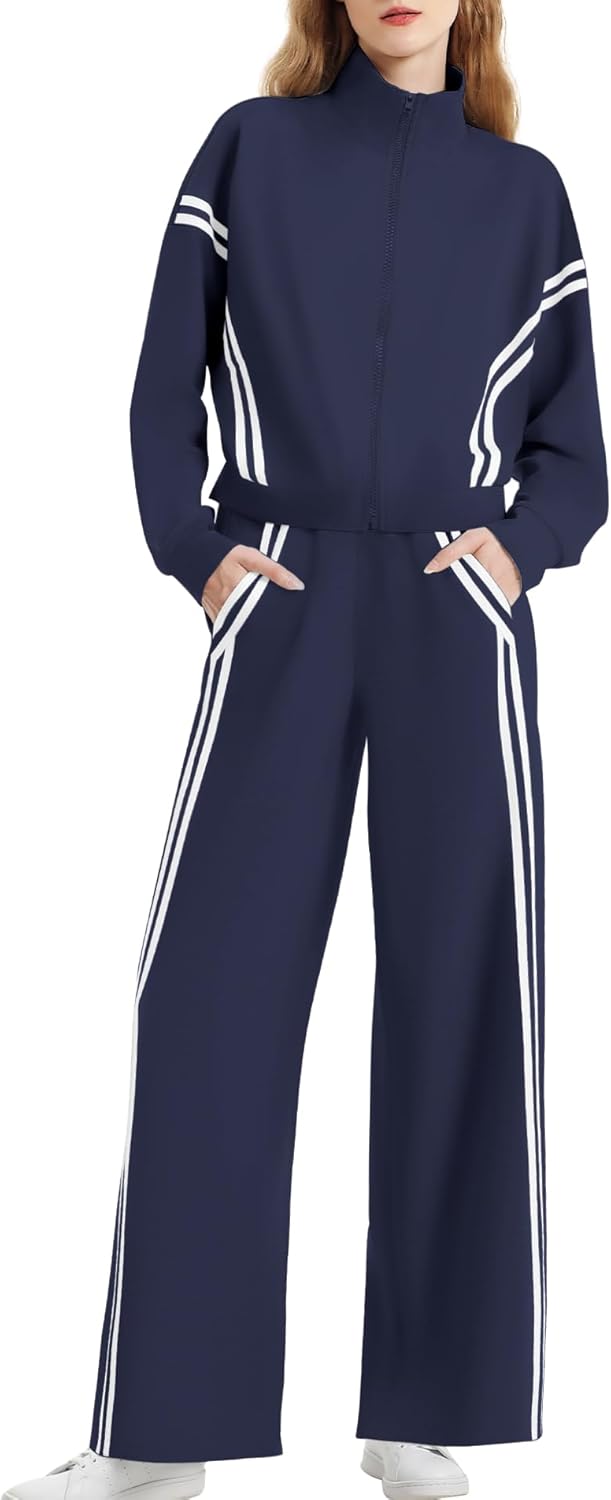 Women's 2 Piece Lounge Outfits Zip Up Sweat Set Contrast Striped Wide Leg Jogging Pants Travel Track Suit