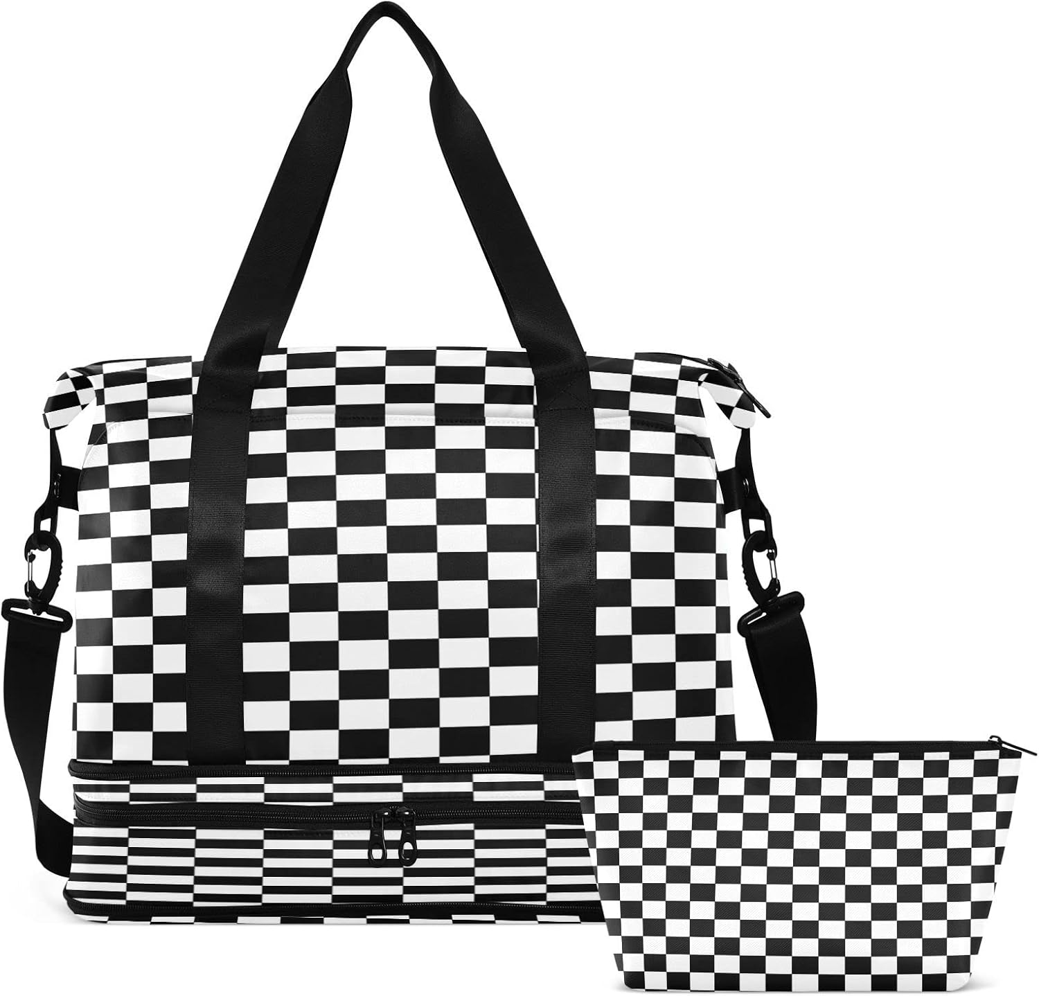 Checkered Black and White Travel Bags For Women Lightweight Large Capacity Gym Bag Dry/Wet Separation Travel Bag For Outdoor,Sports,Camping, Hiking,Fitness
