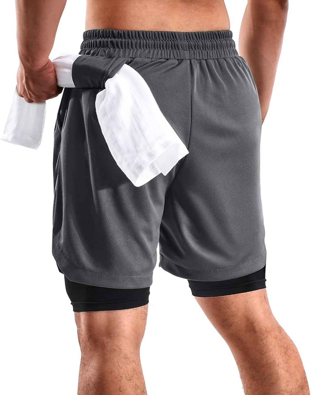2 in 1 Mens Shorts Casual 2 Pack, Running Gym Shorts for Men 7 Inch, Workout Shorts Men with Pockets &Towel Loop