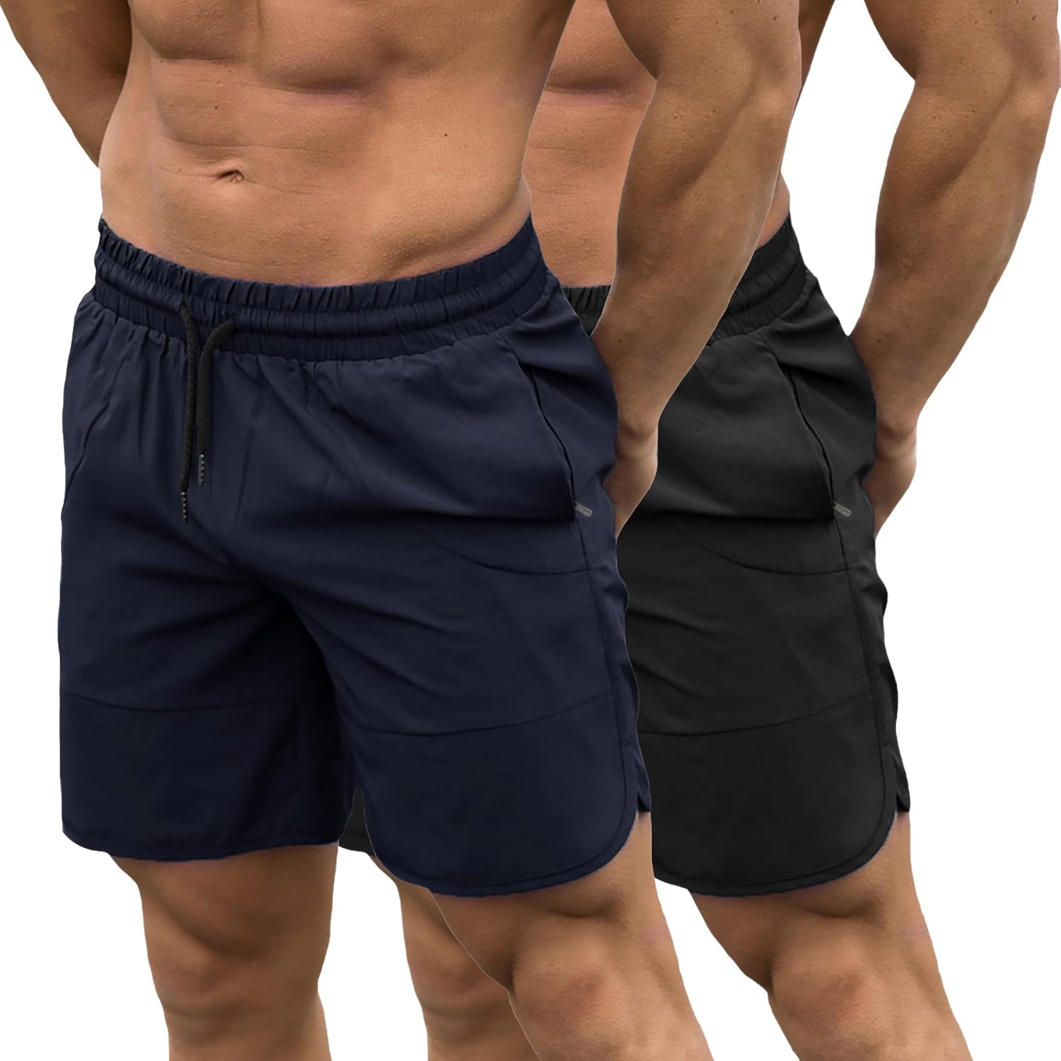 Mens 2 Pack Gym Athletic Running Workout Shorts 7" Drawstring Elastic Waist Quick Dry Shorts with Zipper Pockets Casual