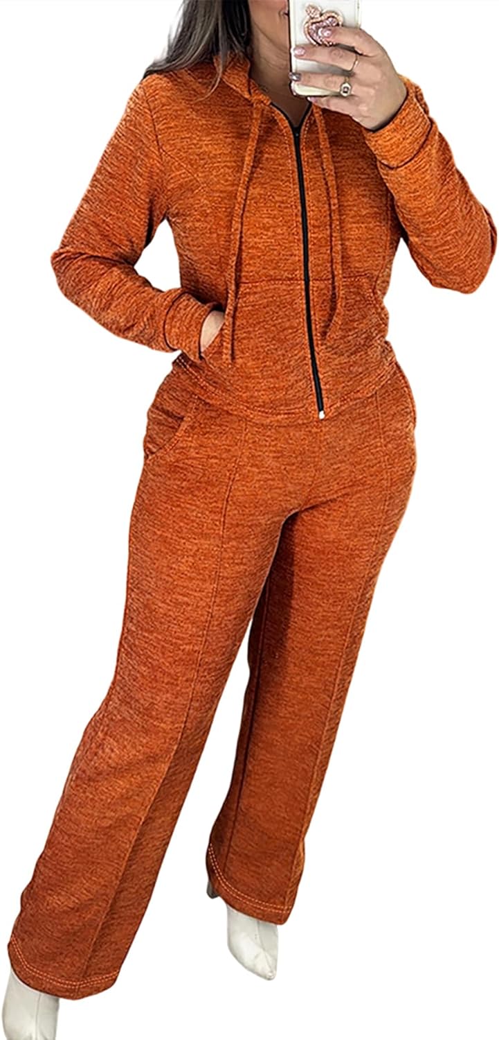 Womens 2 Piece Outfits Sweatsuit 2026 Zip Up Hoodie and Wide Leg Sweatpants Tracksuit Travel Workout Lounge Sets