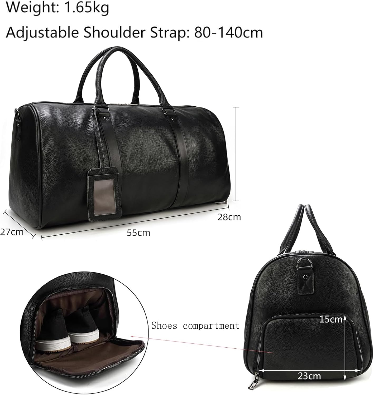 Leather Travel Bag Large Capacity Luggage Duffel Bag with Shoe Compartment, Men Women Weekend Shoulder Bag for Holiday Business Trip (55cm-Black)