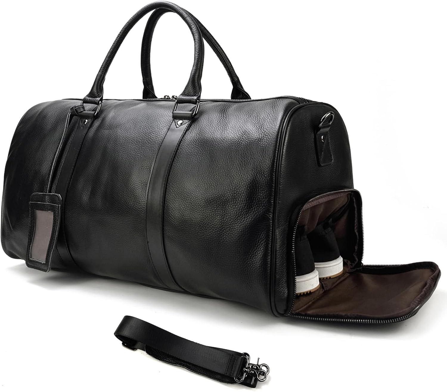 Leather Travel Bag Large Capacity Luggage Duffel Bag with Shoe Compartment, Men Women Weekend Shoulder Bag for Holiday Business Trip (55cm-Black)