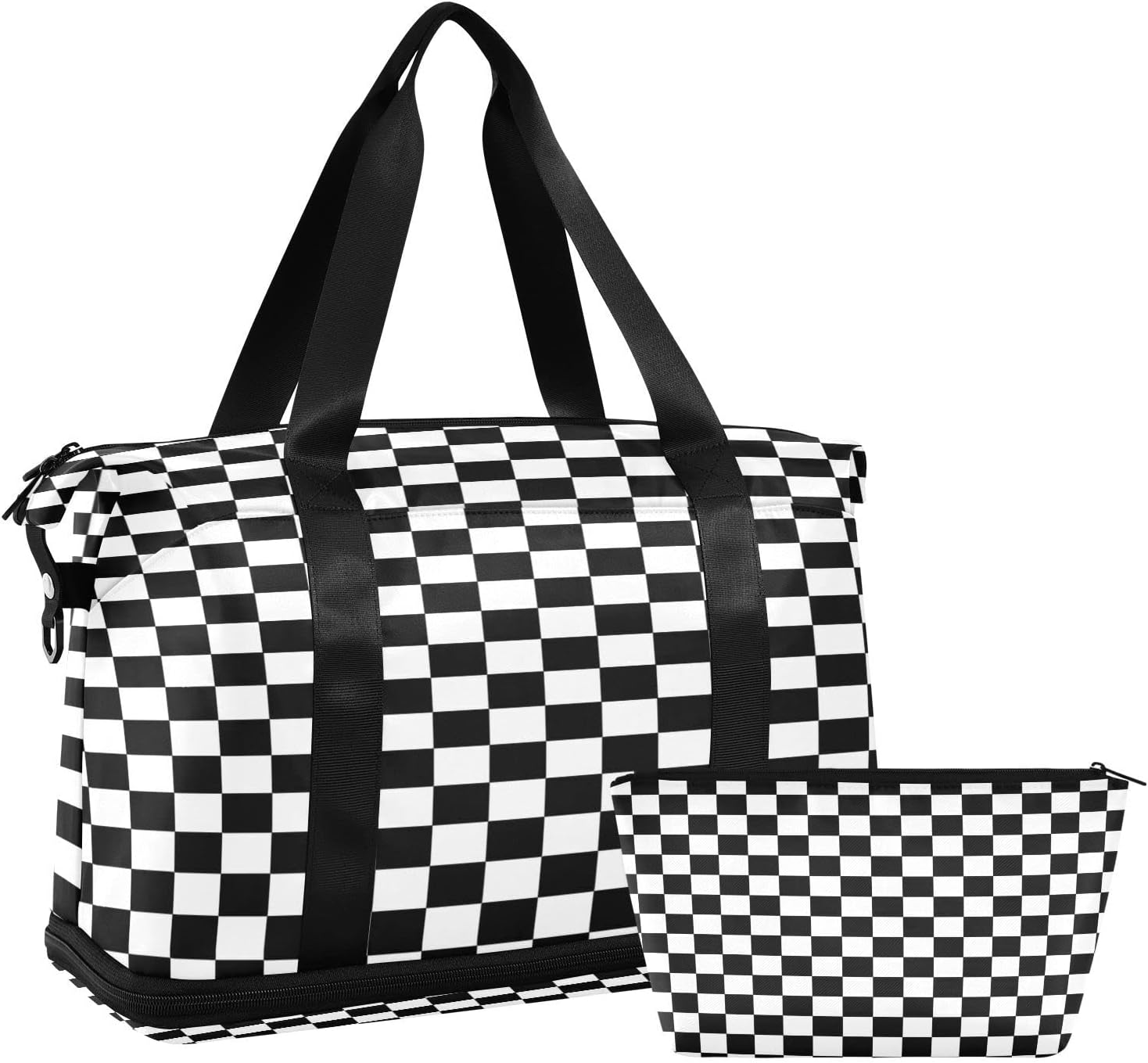 Checkered Black and White Travel Bags For Women Lightweight Large Capacity Gym Bag Dry/Wet Separation Travel Bag For Outdoor,Sports,Camping, Hiking,Fitness