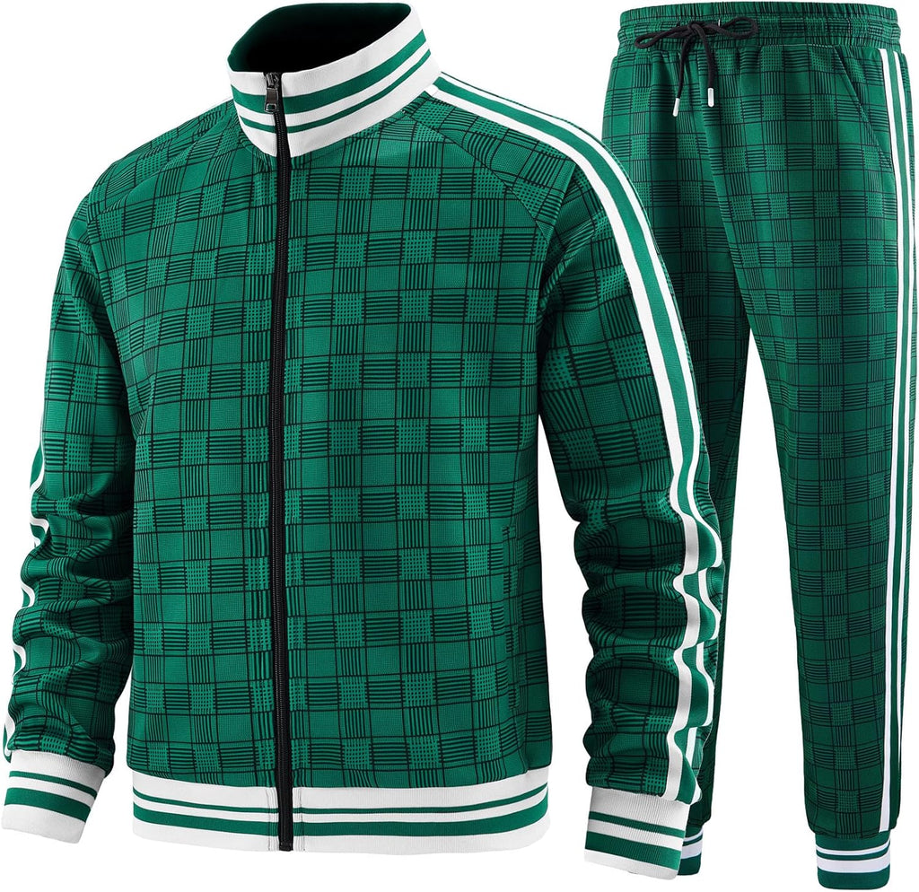 Men Tracksuits Full-zip Long Sleeve Plaid Track Jackets and Pants 2 Piece