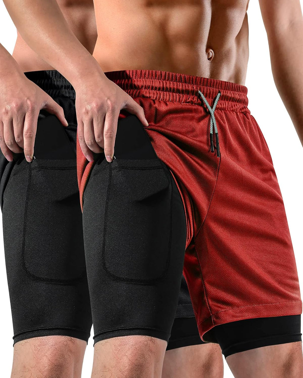 2 in 1 Mens Shorts Casual 2 Pack, Running Gym Shorts for Men 7 Inch, Workout Shorts Men with Pockets &Towel Loop
